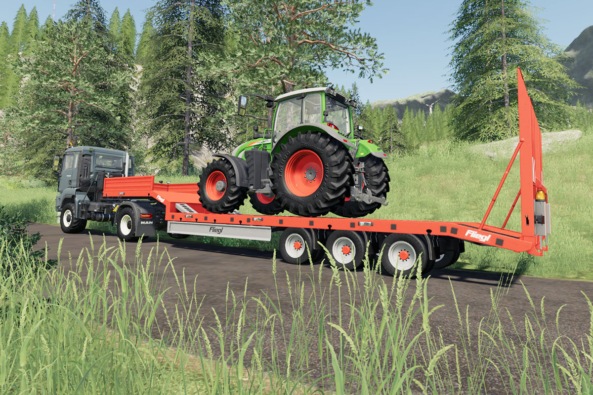 The original FS Fliegl Low Loader semi-trailer is converted for FS19. 